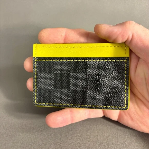 Upcycled LV Damier Graphite Canvas & Yellow Leather Card Case Holder - Picture 3 of 6